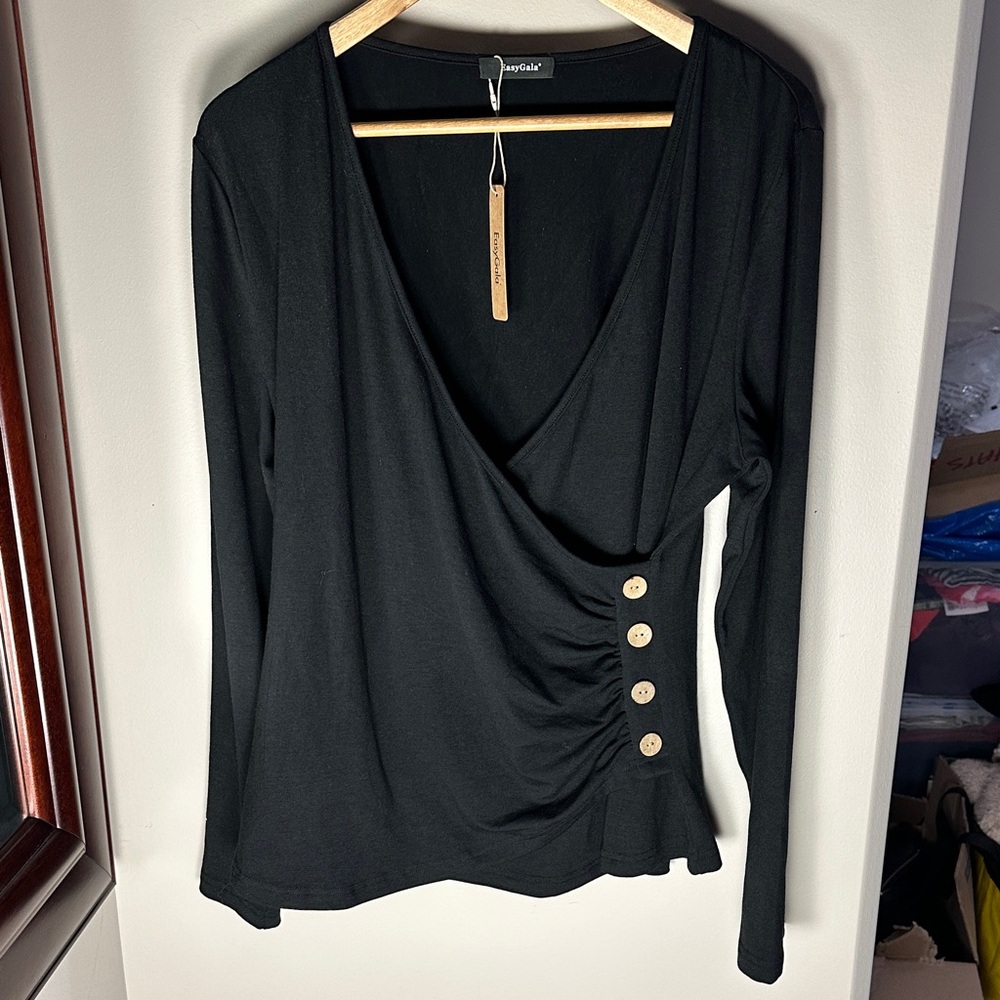 August Silk Black Wrap Blouse with Button Accents